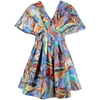 Rochas Mini Dress In Printed Double Taffeta Whit Pleated Details. In Blue