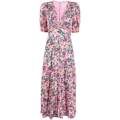 Saloni Lea Smocked Puff-sleeve Long Floral Dress In Pink