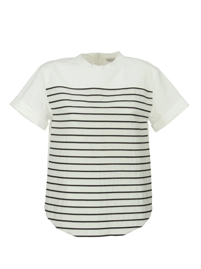 Brunello Cucinelli Stretch Cotton Poplin T-shirt With Shiny Stripes In White