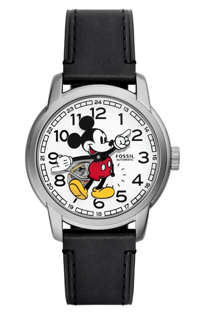 Fossil X Disney Classic Disney Mickey Mouse Leather Strap Watch In Black