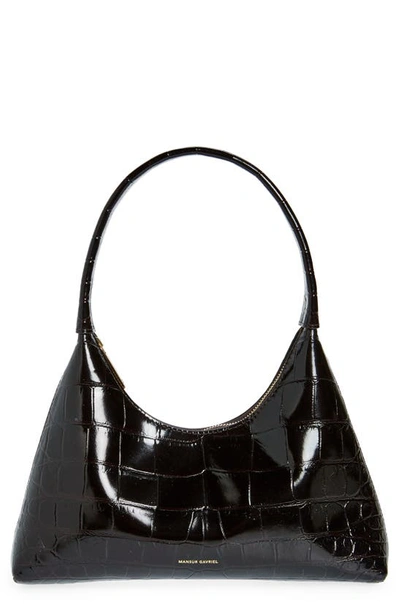 Mansur Gavriel Candy Mini Croc Embossed Hobo In Black/gold