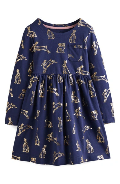Mini Boden Kids' Long Sleeve Fun Jersey Dress College Navy Foil Bunnies Girls Boden