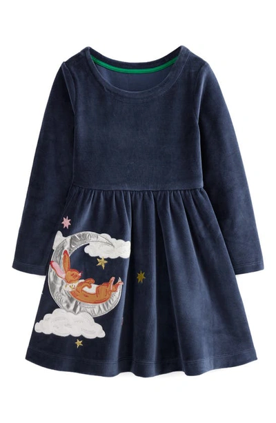 Mini Boden Kids' Twirly Velour Appliqué Dress French Navy Bunny Girls Boden