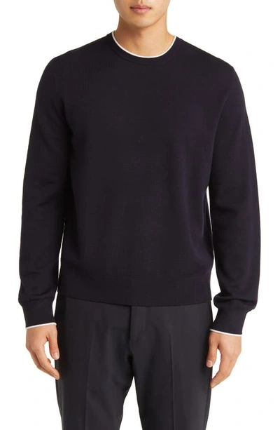 Theory Arnaud Tipped Merino Wool Blend Crewneck Sweater In Baltic/ White