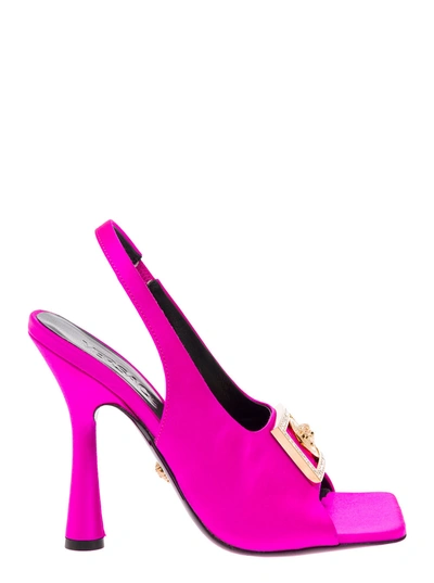 Versace Pink Satin Sandals With Medusa Detail  Woman In Fuxia