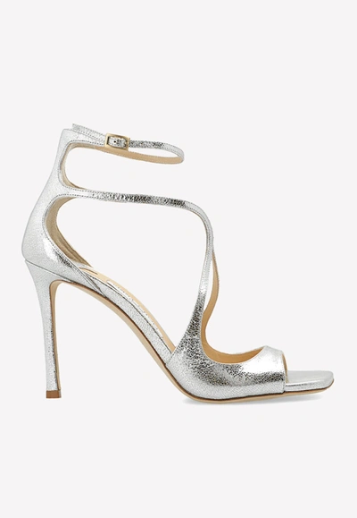 Jimmy Choo Azia 95 Sandals In Glitter Leather In Silver