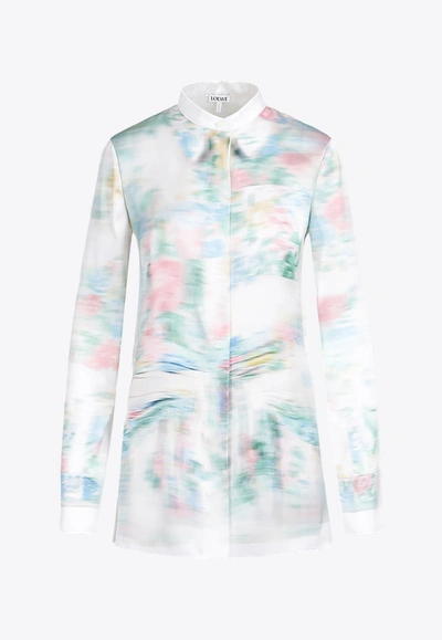 Loewe Blurred Floral-print Collared Satin Shirt In White