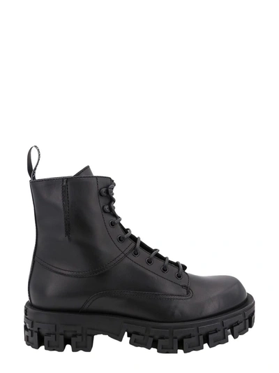 Versace Greca Portico Leather Ankle Boots In Black