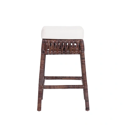 Jonathan Y Bali 25.5" Bohemian Basics Rattan Backless Counter Stool, White Cushion With Dark Brown Woven Frame