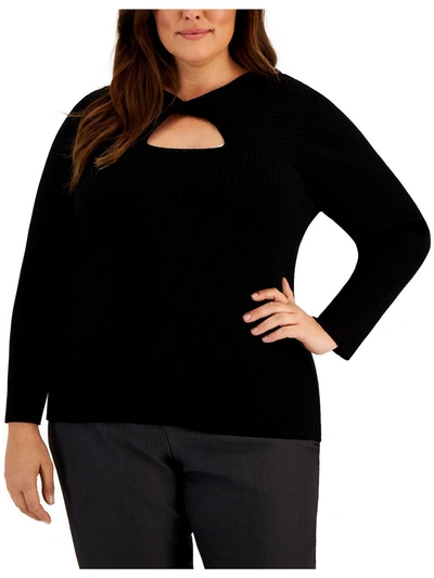 Calvin Klein Plus Womens Ribbed Twist Neck Pullover Sweater In Black