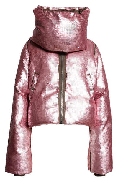 Rick Owens Sequin Funnel Neck Down Jacket In Dust/ Pink