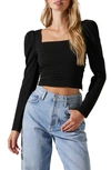 Astr Puff Shoulder Textured Knit Crop Top In Black