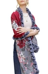 Saachi Floral Reversible Scarf With Faux Fur Trim In Maroon