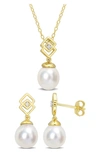 Delmar Cultured Freshwater Pearl & White Topaz Necklace & Stud Earrings Set In White