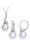 Delmar Cultured Freshwater Pearl & Diamond Necklace & Drop Earrings Set In White