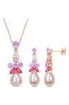 Delmar Cultured Freshwater Pearl & Pink Stone Necklace & Drop Earrings Set In Multicolor