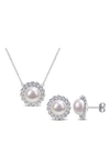 Delmar Cultured Freshwater Pearl & Lab Created White Sapphire Necklace & Stud Earrings Set In White