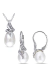 Delmar Cultured Freshwater Pearl & Diamond Necklace & Drop Earrings Set In White
