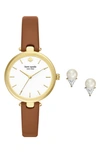 KATE SPADE HOLLAND LEATHER STRAP WATCH & IMITATION PEARL STUD EARRINGS