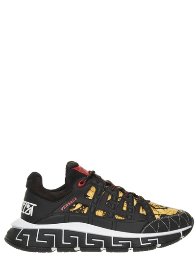 Versace Trigreca Barocco-print Nylon And Leather Sneakers In Black,red,gold