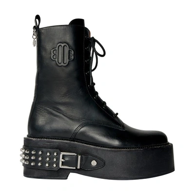 Maje Buckle-detail Lace-up Leather Boots In Noir