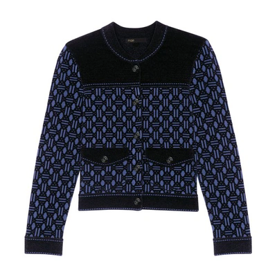 Maje Cropped Bi-material Jacket In Bleu_noir