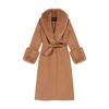 Maje Wool Blend Belted Coat With Faux Fur Trim In Camel