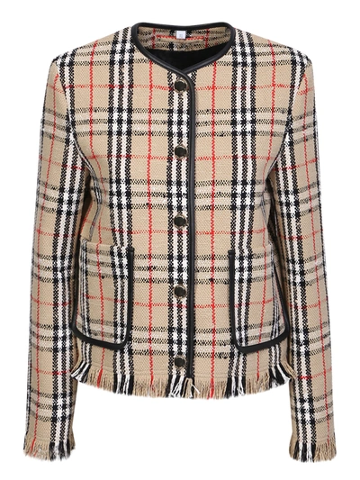 Burberry Vintage-check Bouclã© Collarless Jacket In Beige