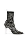 BALMAIN SKYE ANKLE BOOTS IN BLACK AND SILVER STRETCH KNIT WITH BALMAIN MONOGRAM