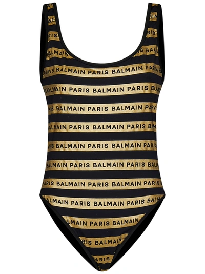 Balmain Logo Printed One Piece Swimsuit In Black