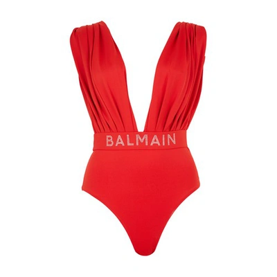 Balmain Draped Swimsuit In Red