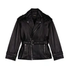 Maje Wide-sleeved Belted Leather Jacket In Noir