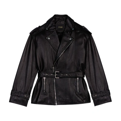 Maje Wide-sleeved Belted Leather Jacket In Black