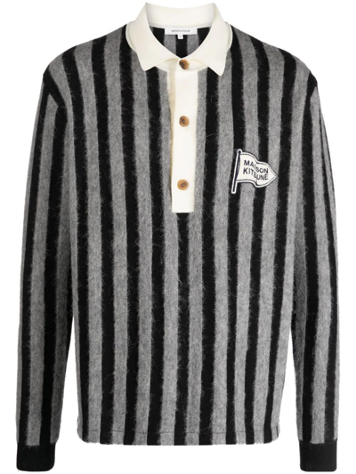 Maison Kitsuné Logo-patch Striped Polo Shirt In Black