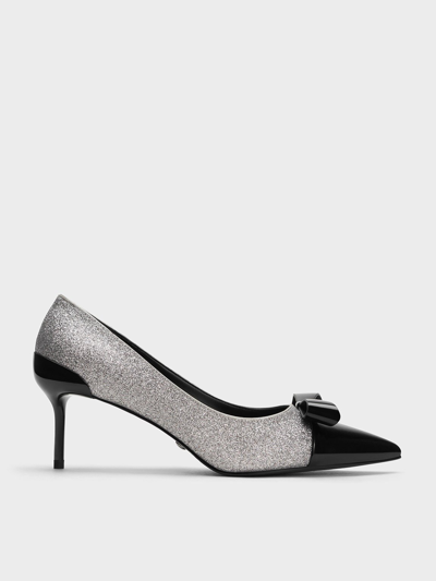 Charles & Keith Leather Glittered Pointed-toe Heels In Silver