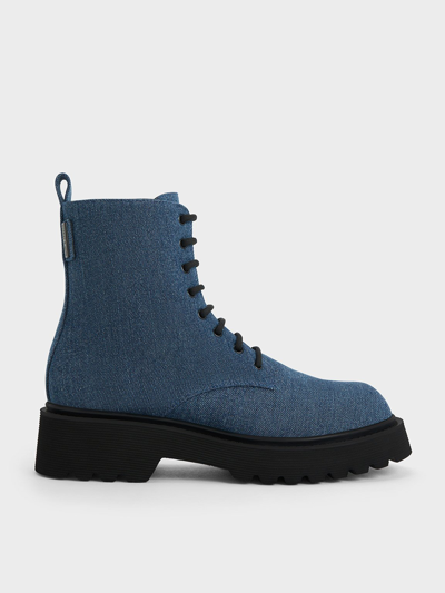 Charles & Keith Denim Lace-up Ankle Boots In Blue