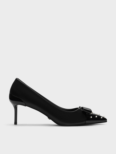 Charles & Keith Leather Pearl-embellished Pointed-toe Heels In Black