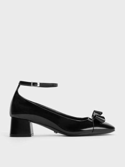 Charles & Keith Leather Bow Ankle-strap Pumps In Black Box