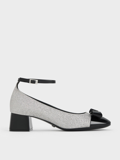 Charles & Keith - Leather & Glitter Bow Ankle-strap Pumps In Silver