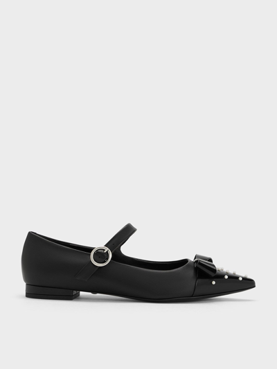 Charles & Keith Bead-embellished Leather Bow Mary Jane Flats In Black