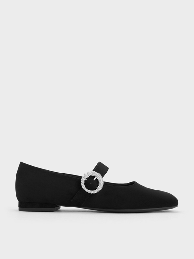 Charles & Keith Textured Crystal-embellished Buckle Mary Jane Flats In Black Textured