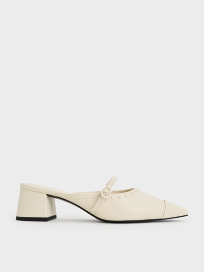 Charles & Keith Studded Pointed-toe Block Heel Mules In Chalk