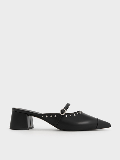 Charles & Keith Studded Pointed-toe Block Heel Mules In Black