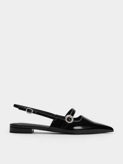 Charles & Keith Patent Crystal-embellished Slingback Flats In Black Patent