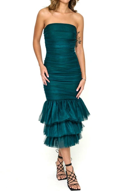 Rare London Triple Ruffle Strapless Tulle Bandage Dress In Forest Green