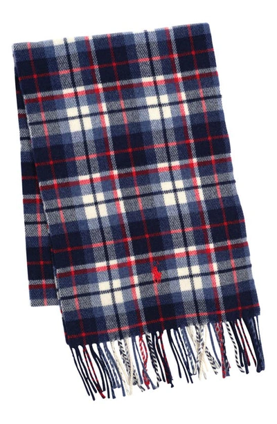 Polo Ralph Lauren Plaid Recycled Wool Blend Scarf In Navy,cream