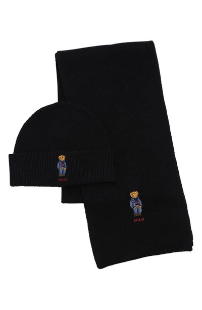 Polo Ralph Lauren Classic Gents Bear Scarf & Beanie Boxed Gift Set In Polo Black