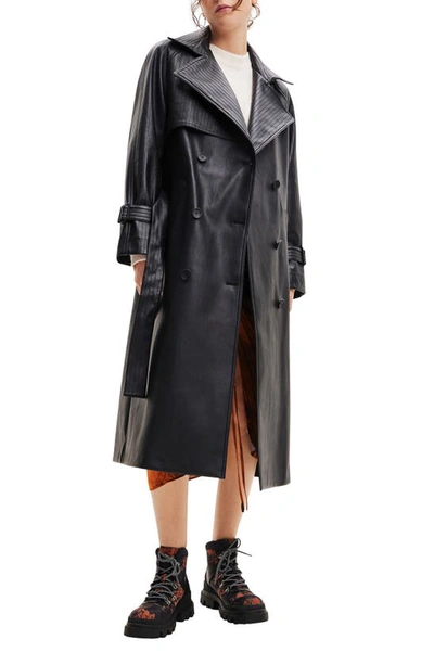 Desigual Belted Faux Leather Trench Coat In Black