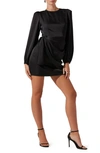 Astr Long Sleeve Draped Satin Minidress In Black