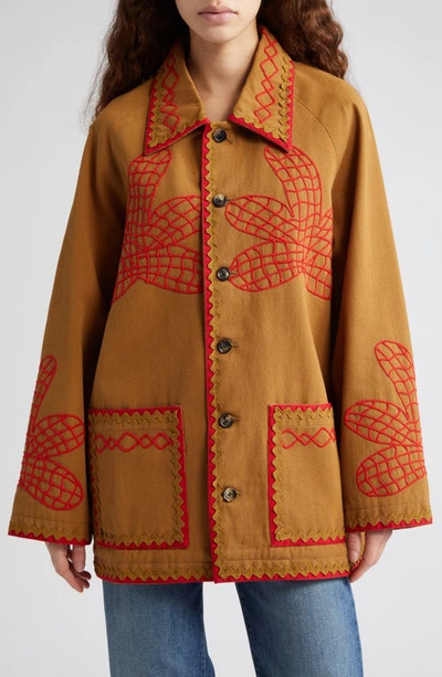 Bode Maple Embroidered Field Coat In Brown Red